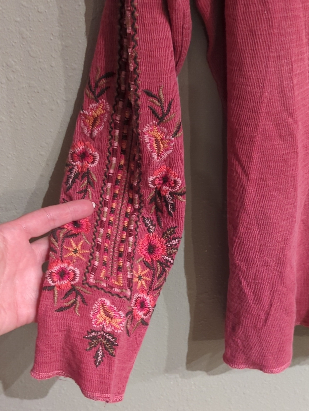 Sundance Embroidered Henley Top Long Sleeve Cotton Breathable Boho Floral - Picture 5 of 9